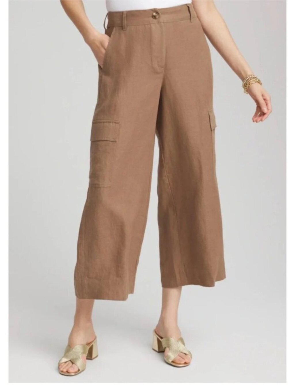 NWT CHICO'S Cargo Linen Wide Crop Pants in Brown Size 3.5/ US 18